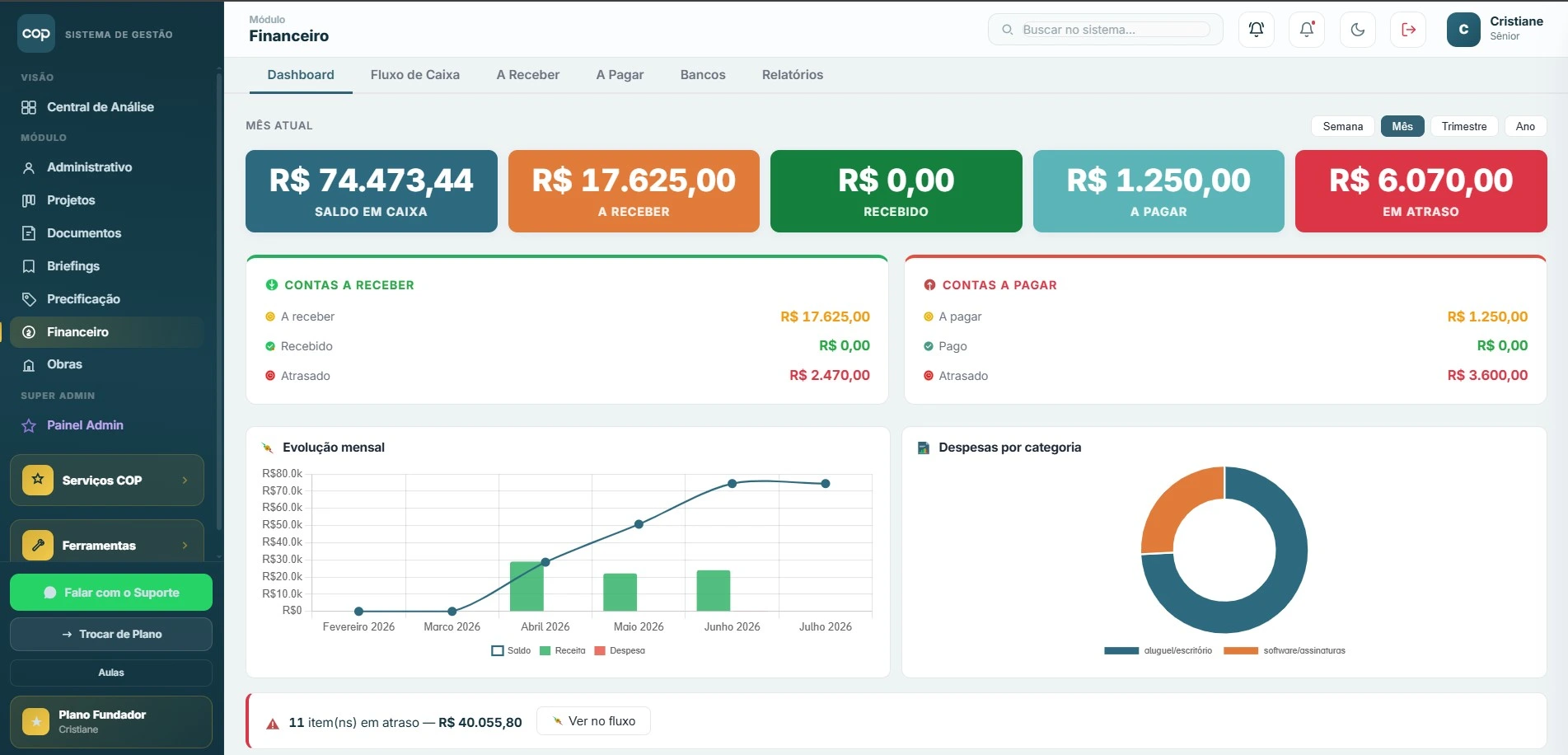 Fluxo de caixa e resultado por projeto